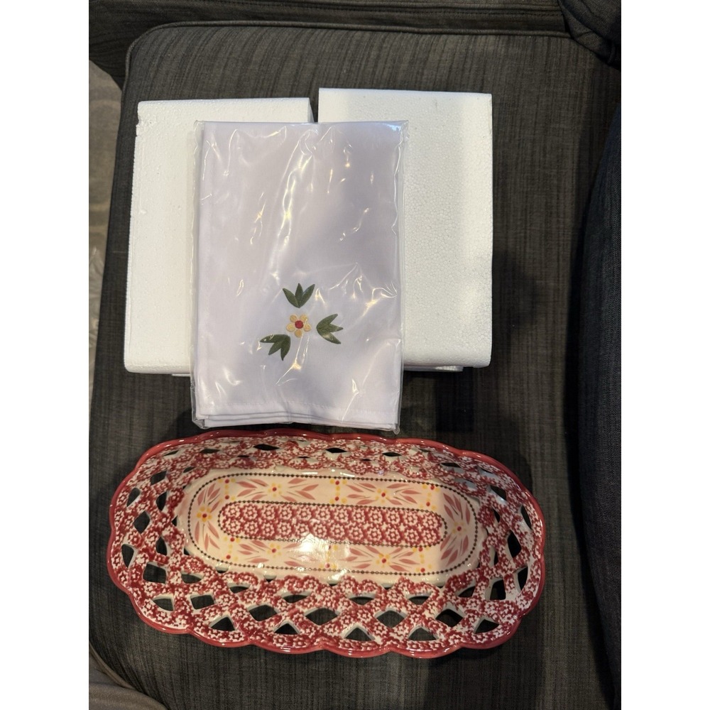 Temptations Ovenware By Tara  Old World Orange Bread Basket Lattice Hand Painted